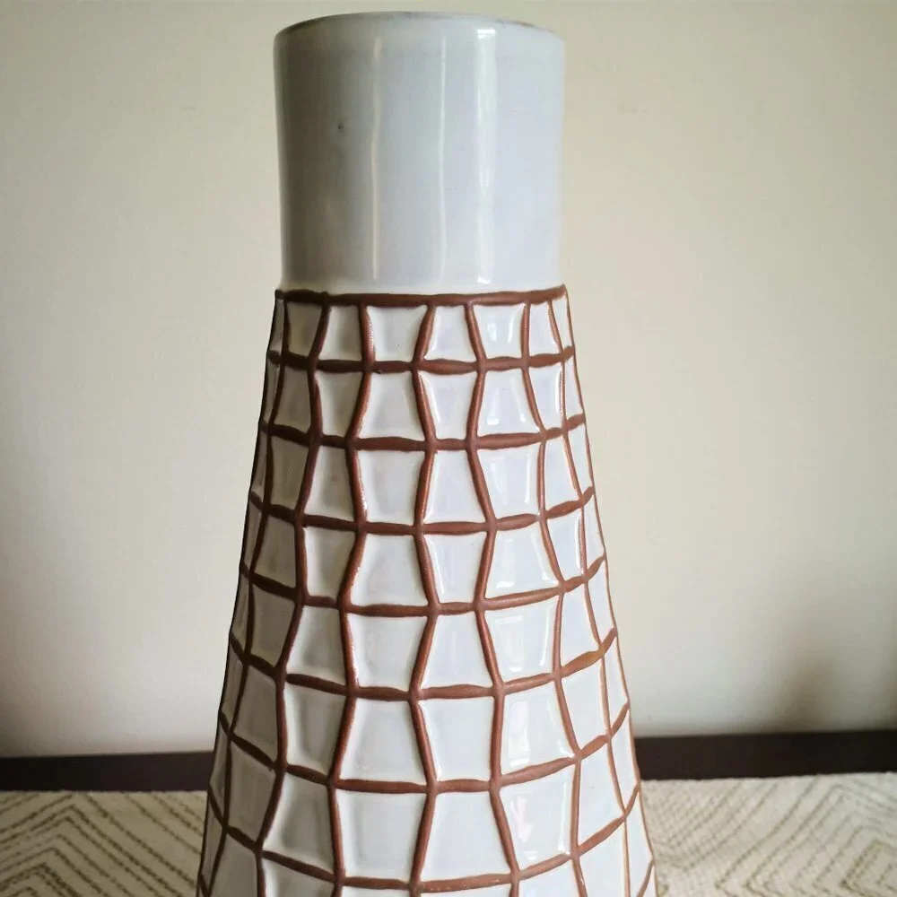 Pier 1 Ceramic Geometric Decorative Vase with Checkered Pattern 11 1/4